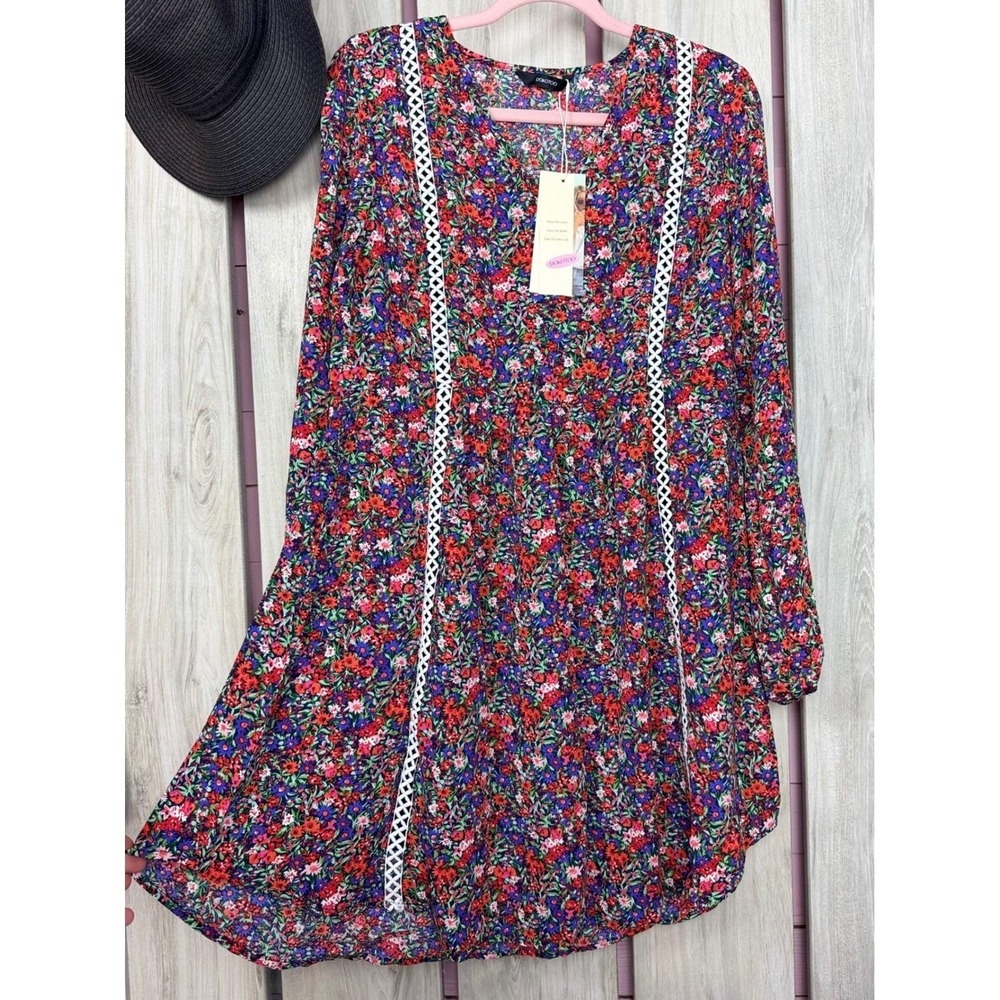 Boho Floral Print Tunic Dress Long Sleeve, Lined, White Lace Trim Detail - M
